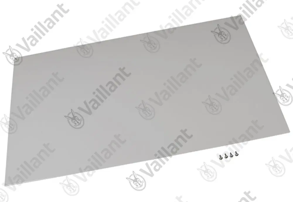 Vaillant Frontblech in grau mit Montageöffnung, begleitet von fünf Schrauben. Einfaches und funktionales Design.